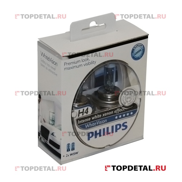 Лампа галогенная H4 12В 60/55 Вт Р43t +60%  White Vision (2шт)+W5W(2 шт) Philips