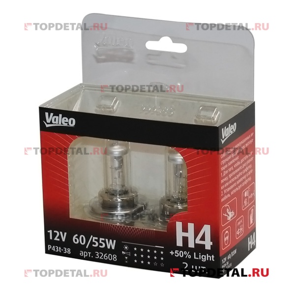 Лампа галогенная H4 12В 60/55Вт  P43t +50% (блистер 2 шт.) VALEO