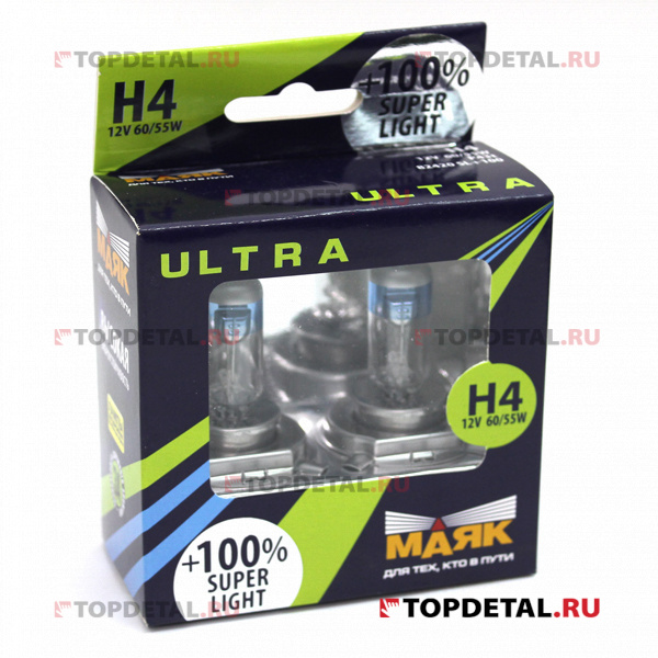 Лампа галогенная H4 12В 60/55 Вт Р43t "Маяк" ULTRA SUPER LIGHT +100%