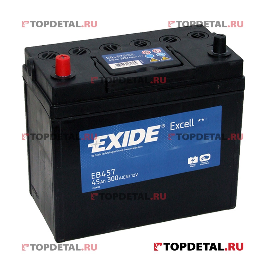 Аккумулятор 6СТ-45 EXIDE EXCELL п.п. пуск.ток 300 А (234х127х220) B0 клеммы азия EB457