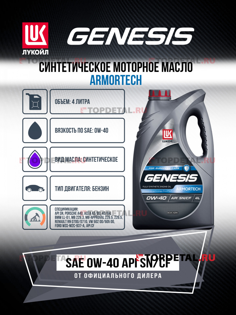 Масло ЛУКОЙЛ GENESIS моторное 0W40 ARMORTECH 4 л. (синтетика)