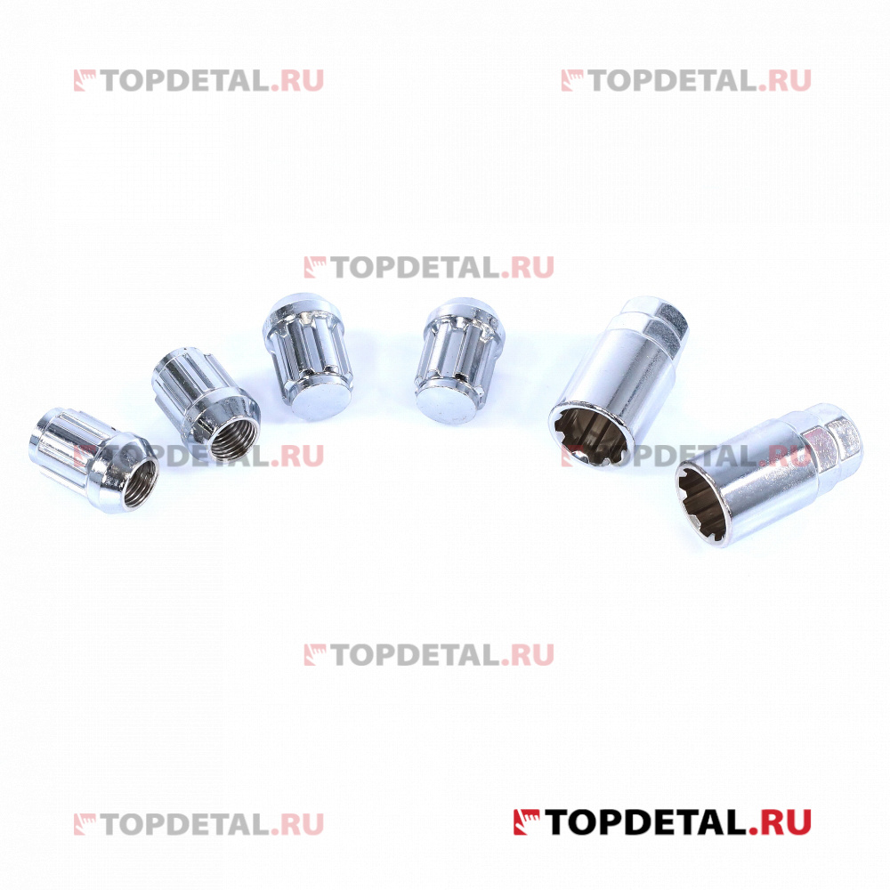 Гайка колесная секретная (кт.) М14x1,50 H=32мм Хром конус с выступом, закр., 5 луч., 2 кл. (Mатрикс)
