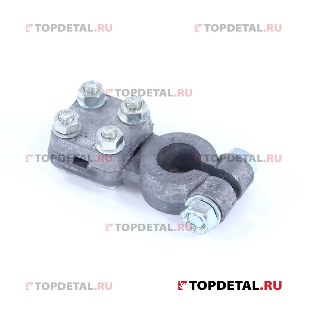 Клемма АКБ свинец усиленная ПЛЮС (под зажим провода 2-мя прижим.планками посередине с 4-мя болтами 