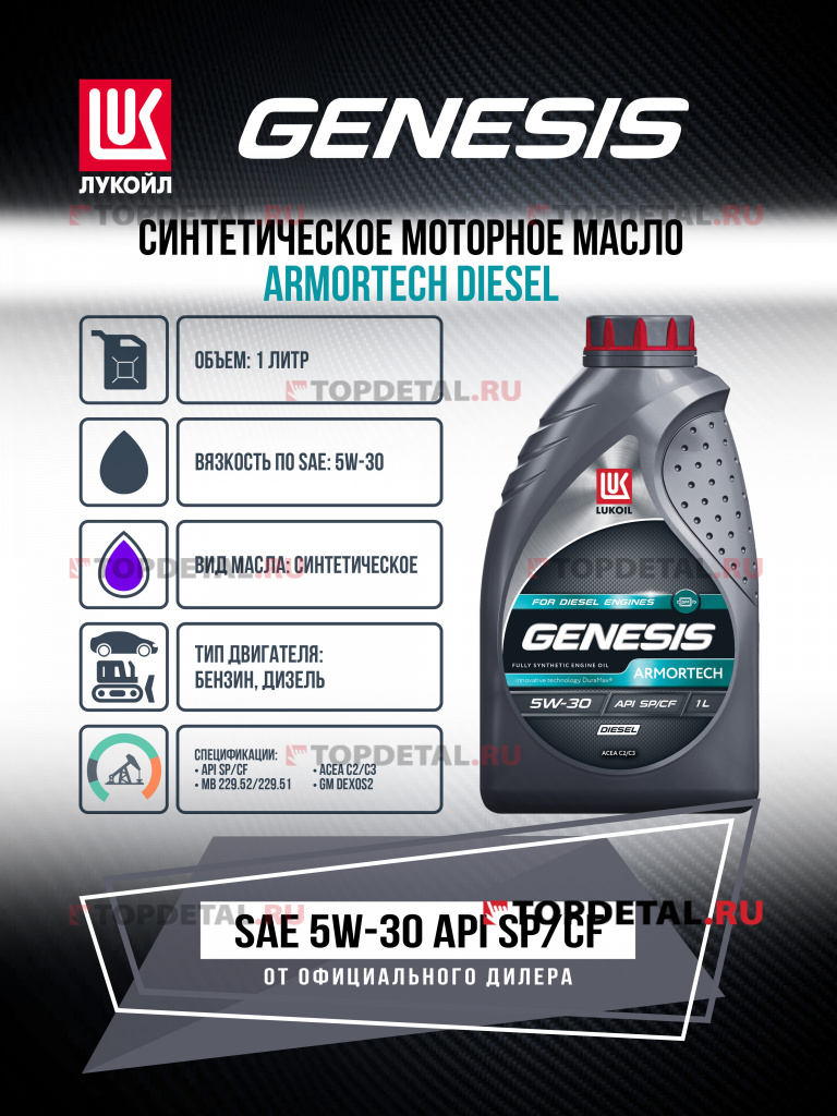 Масло ЛУКОЙЛ GENESIS моторное 5W40 ARMORTECH DIESEL 1 л. (синтетика)