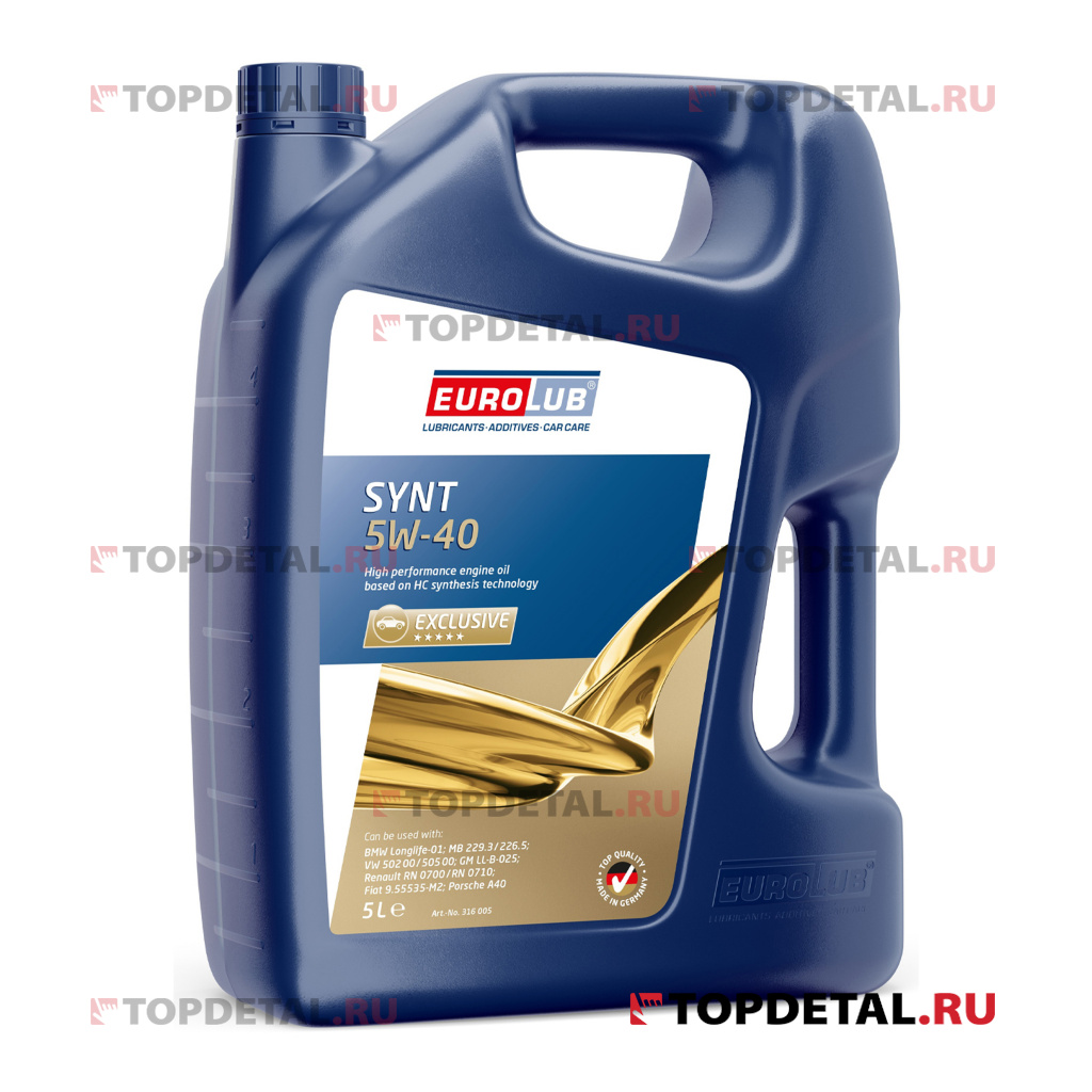 Масло EUROLUB моторное 5W40 SYNT SN/CF A3/B4 (синтетика) 5л.VW502.00,VW ...