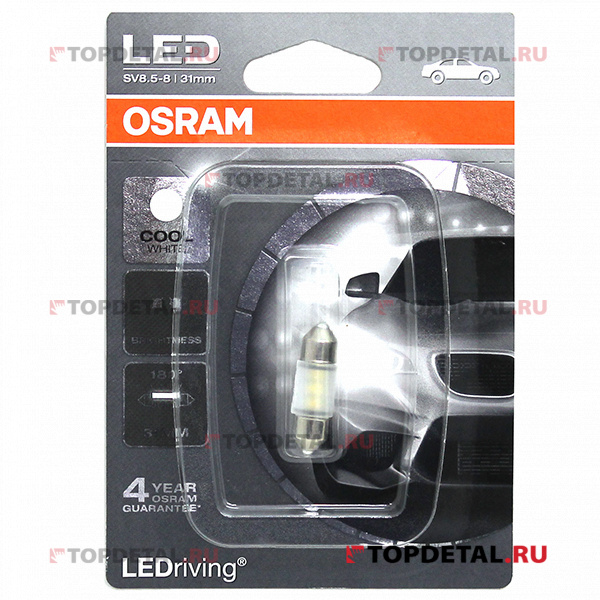 Светодиод Fest T10,5 12V- 0,5W (SV8,5-31/8) LED 6000K (блистер 1шт.) Osram