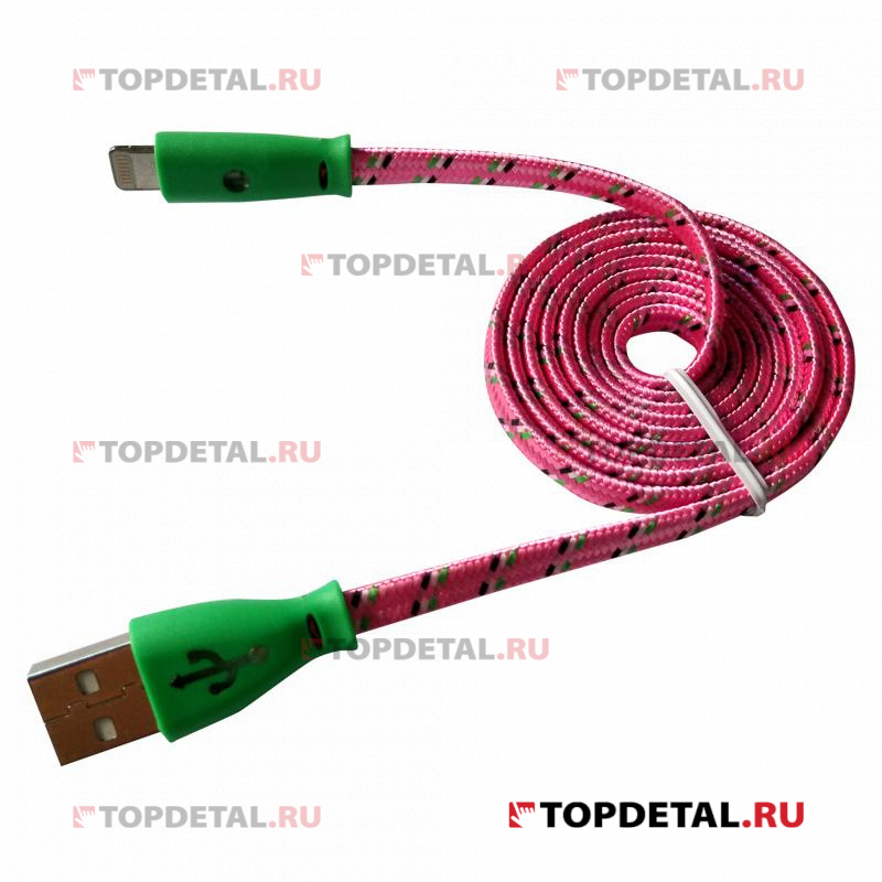 USB-Lightning кабель для iPhone, плоский,розовый,светящиеся разъемы,1м,REXANT