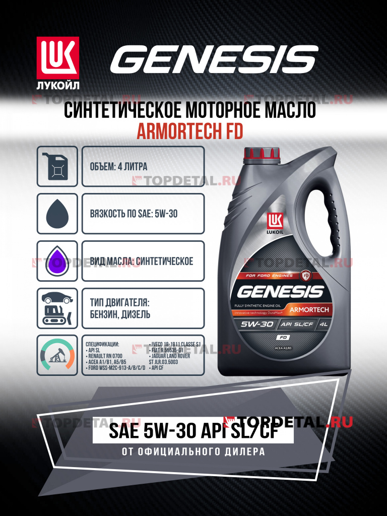Масло ЛУКОЙЛ GENESIS моторное 5W30 ARMORTECH FD A5/B5 4 л. (синтетика)