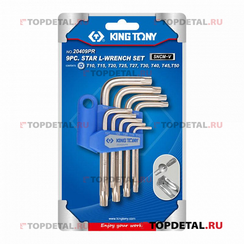 Набор ключей Torx 9 шт. Г-образных, T10H-T50H, короткие, с отверстием KING TONY